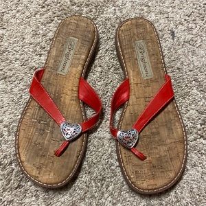 Brighton red leather & cork silver heart flip flops size 6M